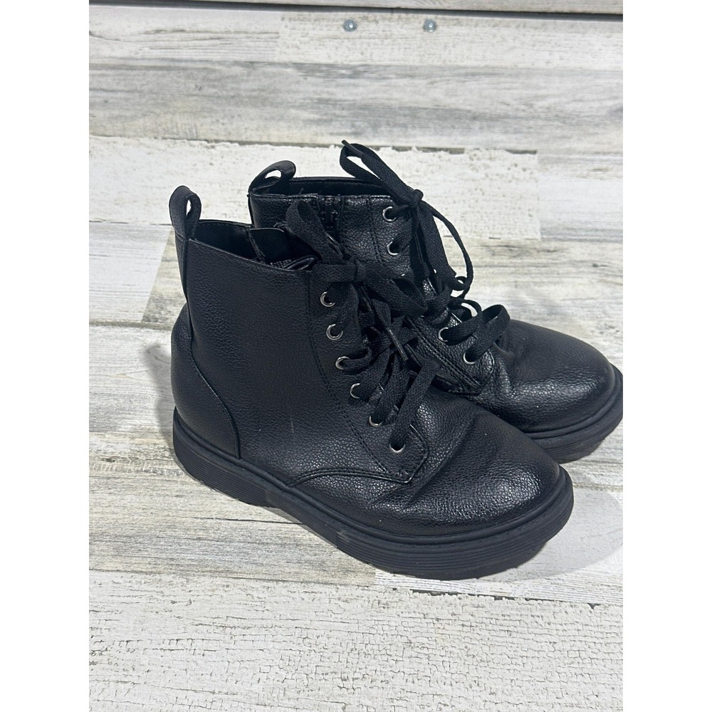 Art Class Combat Boots Girls Size 2 Black Faux Leather Lace Up‎ Grunge GUC